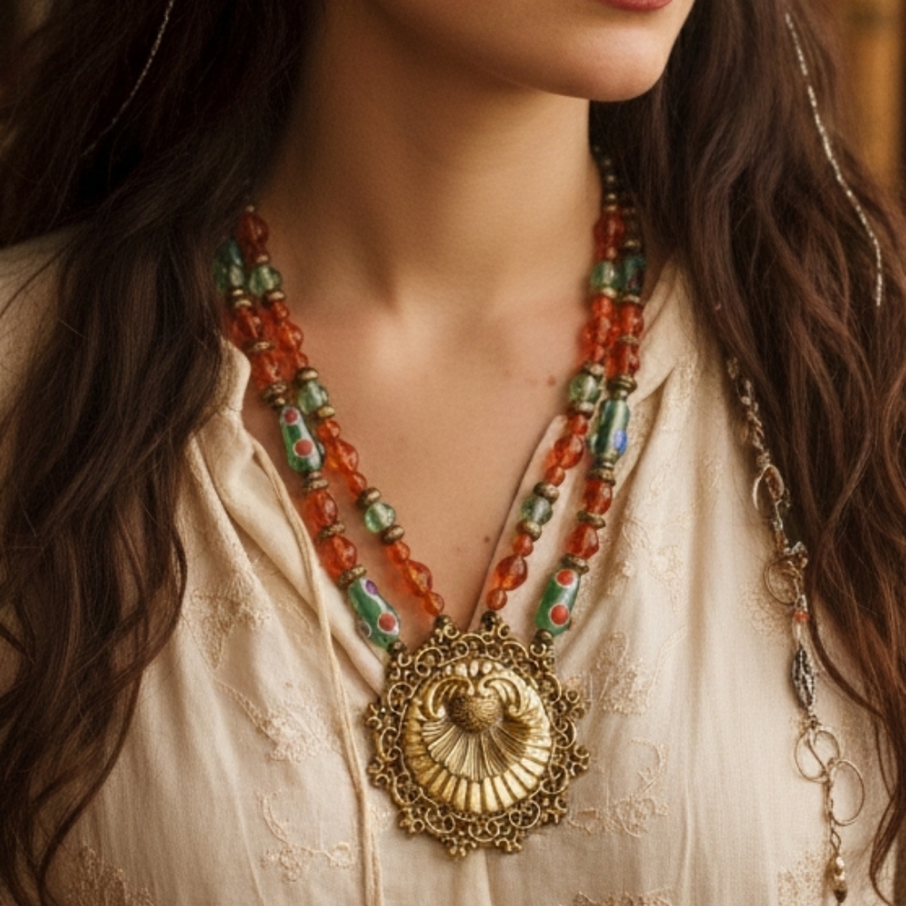 NWOT Anthony Alexander Eclectic Bohemian Artisan Beads Gold Pendant Jewelry Set